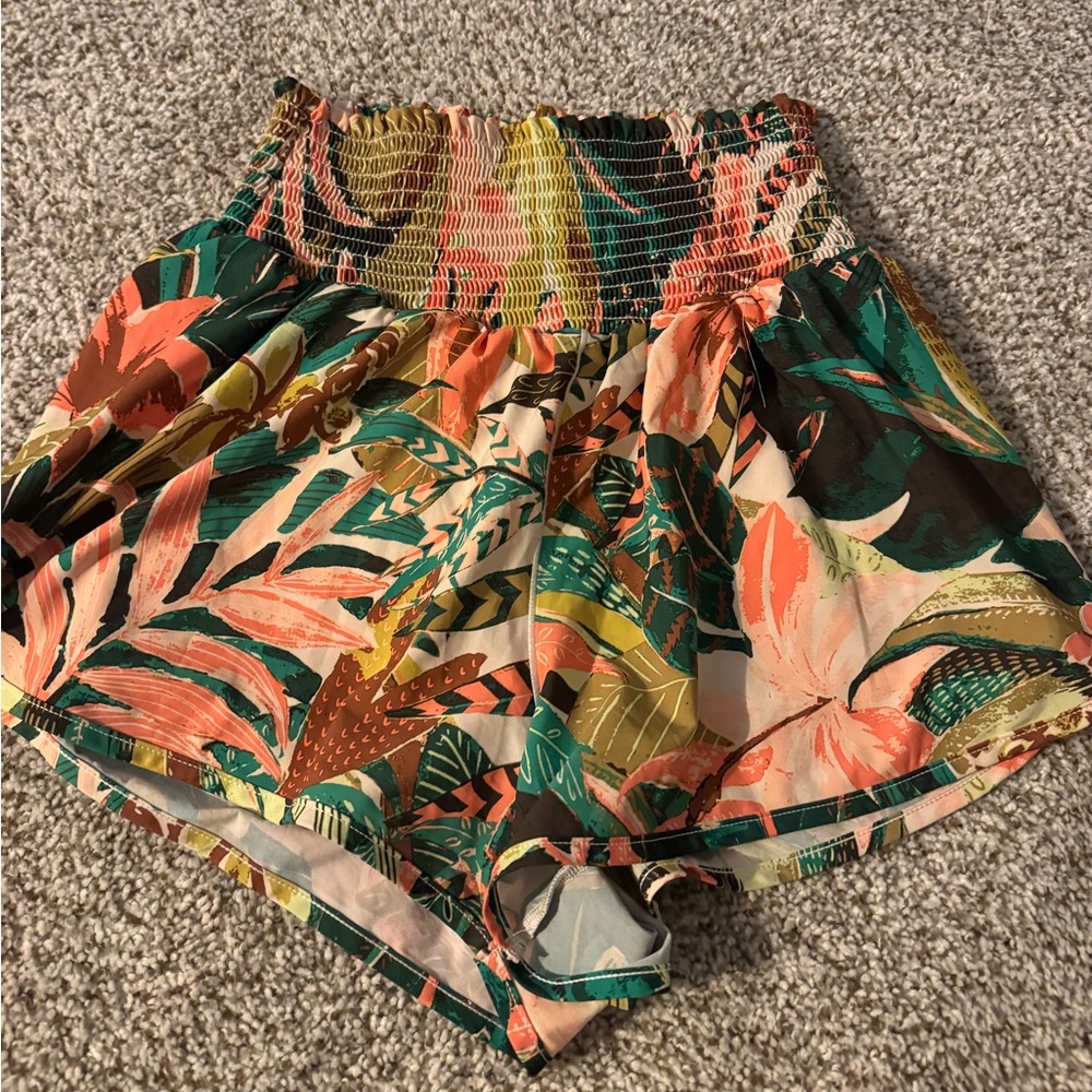Aerie Bright Tropical Print Smocked Waist Shorts